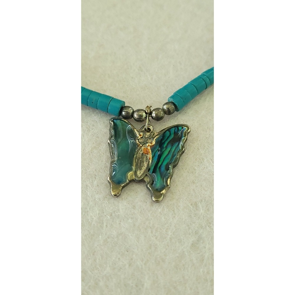 Vintage Southwestern Abalone Butterfly Heishi Bead Necklace Boho 16in